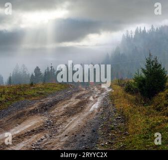 Brumeux et couvert tôt le matin en automne Carpates montagnes et sale sentier de campagne, Ukraine. Banque D'Images