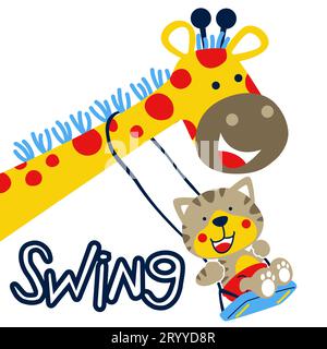 Chat mignon jouant swing dans le cou de girafe, illustration de dessin animé vectoriel Illustration de Vecteur
