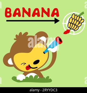 Dessin animé vectoriel de singe mignon tenant binoculaire regardant la banane Illustration de Vecteur