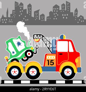 Camion remorquer une voiture naufragée sur fond de bâtiments, illustration de dessin animé vectoriel Illustration de Vecteur