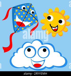 Cerf-volant drôle avec soleil et nuage, illustration de dessin animé vectoriel Illustration de Vecteur