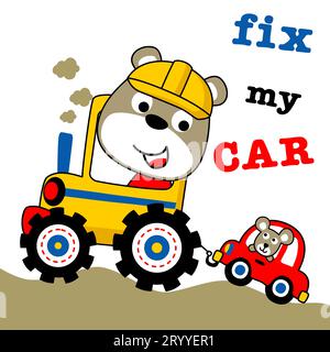 Tracteur d'équitation mignon d'ours tirant petite voiture avec la souris, illustration de dessin animé vectoriel Illustration de Vecteur