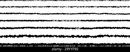 Jeu de lignes rugueuses dentelées. Collection de bordures de traits de griffonnage. Faisceau de rayures zigzag ondulées grunge. Éléments de conception de griffons Edgy pour affiche, bannière, livret, brochure, décoration. Illustration vectorielle Illustration de Vecteur