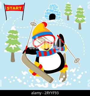 mignon ski de pingouin, éléments de terre de neige, illustration de dessin animé vectoriel Illustration de Vecteur
