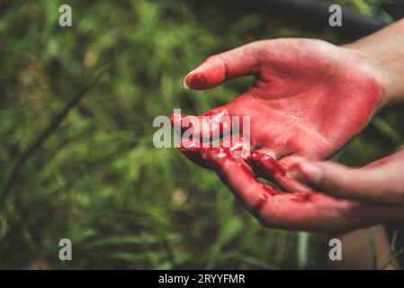 Gros plan de mains sanglantes dans le fond de forêt sombre. Horreur et concept de fantôme. Concept criminel et meurtre. Halloween jour et sac Banque D'Images