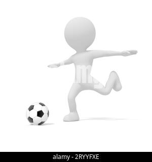 Homme blanc donnant un coup de pied au ballon de football ou au football dans le jeu de match de compétition. Illustration 3D. Modèle de personnes rendu graphique. isolé avec Banque D'Images