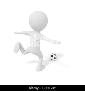 Homme blanc donnant un coup de pied au ballon de football ou au football dans le jeu de match de compétition. Illustration 3D. Modèle de personnes rendu graphique. isolé avec Banque D'Images