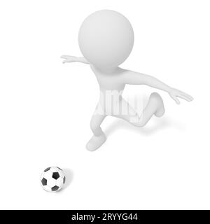 Homme blanc donnant un coup de pied au ballon de football ou au football dans le jeu de match de compétition. Illustration 3D. Modèle de personnes rendu graphique. isolé avec Banque D'Images