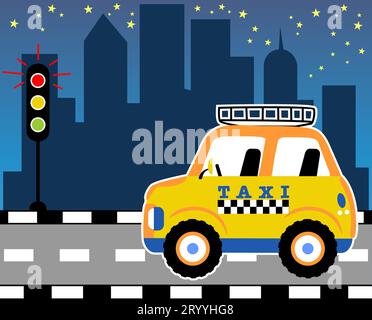 dessin animé de vecteur de taxi jaune dans la route de la ville la nuit avec feu stop Illustration de Vecteur