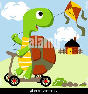 Scooter d'équitation de tortue mignon tout en jouant cerf-volant, illustration de dessin animé vectoriel Illustration de Vecteur