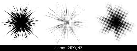 Ensemble d'éléments de rafale demi-ton. Collection explosion à pois pop art. Étoile lumineuse noire avec effet de texture grunge. FLARE étoile de brillance rétro abstraite pour affiche de bannière. Pack splash pixelisé vectoriel Illustration de Vecteur