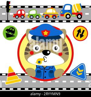 Chaton mignon en uniforme de police avec des éléments de circulation, illustration de dessin animé vectoriel Illustration de Vecteur