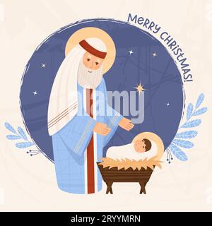 Carte rétro Joyeux Noël. Vieil homme Saint Joseph avec l'enfant Jésus Christ dans la crèche. Saint ancêtre. Illustration vectorielle dans le style plat de dessin animé pour desi Illustration de Vecteur