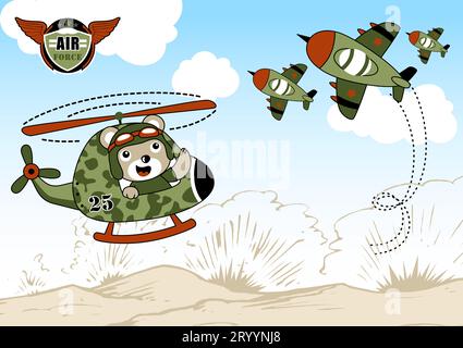 Ours mignon sur hélicoptère militaire avec avion de chasse dans le champ de bataille, illustration de dessin animé vectoriel Illustration de Vecteur