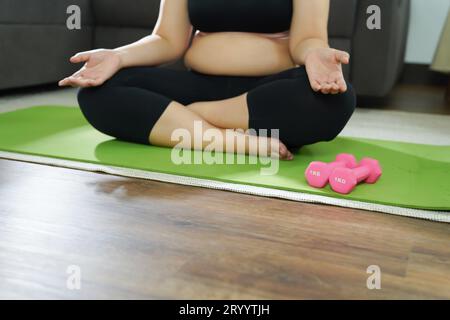 Femme en surpoids s'exerçant pour perdre du poids. Exercice avec des haltères dans des positions d'étirement à la maison dans le salon joyeux Banque D'Images