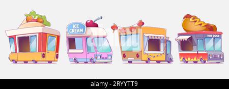 Camions de nourriture pour marché de rue ou concept de parc d'attractions. Ensemble d'illustration vectorielle de dessin animé de voitures de fourgon vendant des Taco, de la crème glacée, des hot-dogs et des repas de cuisine chinois. Café sur roues pour funfair ou festival Illustration de Vecteur