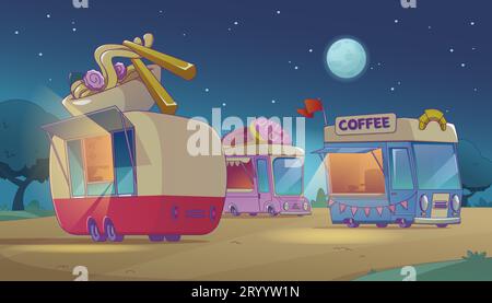 Camion de nourriture dans le parc de la ville la nuit. Paysage urbain d'été de vecteur de dessin animé avec des voitures vendant des fastfood et des boissons. Café avec nouilles udon, beignets sucrés et café frais sur roues sous la lumière de la lune. Illustration de Vecteur