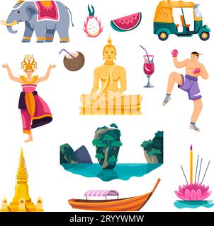 Culture et tourisme thaïlandais, monuments et fruits Illustration de Vecteur