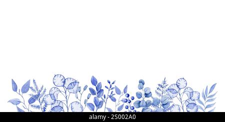 Cadre aquarelle de fleurs séchées bleues, de différents types d'eucalyptus, de branches de fougères et de lunaires Banque D'Images