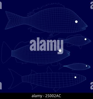 Poisson de mer défini filaire. Espèces marines et d'eau douce. Vue latérale. Illustration vectorielle. 3D. Illustration de Vecteur