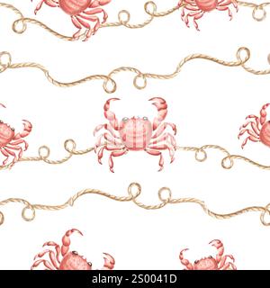 Crabes de mer rouges avec corde. Motif sans couture. Illustration d'aquarelle dessinée à la main. Ornement marin avec animal de récif océanique. Nautique et méditerranéen Banque D'Images