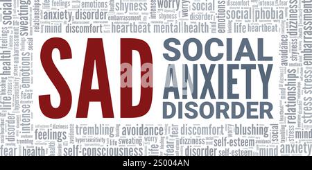 TRISTE conception conceptuelle de nuage de mots de trouble d'anxiété sociale isolé sur fond blanc. Illustration de Vecteur