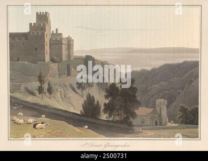 Donat's Vale de Glamorgan, pays de Galles. {Welsh : Castell sain Dunwyd } . Vintage British Colour illustration par William Daniell d'Un voyage autour de la Grande-Bretagne : entrepris à l'été de l'année 1813. Banque D'Images