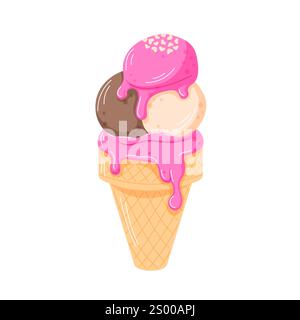 Cornet de crème glacée avec trois cuillères et glaçage rose coulant surmonté de pépites en forme de coeur dans le style de dessin animé. Friandise douce et colorée pour la célébration Illustration de Vecteur