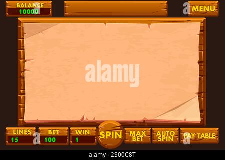 L'interface utilisateur de jeu en bois est de style cartoon avec des boutons de base pour votre développement de jeu. Conception d'interface utilisateur de jeu de machine à sous de casino. Application mobile de jeu Illustration de Vecteur