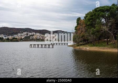 Couleurs d'automne des arbres sur la rive du lac artificiel et parc de Tirana, Albanie Banque D'Images