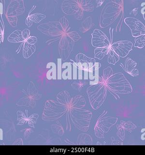 Les papillons sont roses, bleus, lilas, volants, art au trait délicat, agrafe Illustration graphique dessinée à la main en rose, encre lilas. Motif sans couture sur un Illustration de Vecteur