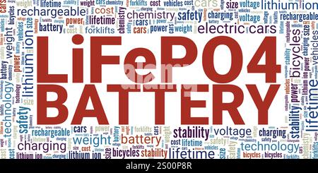 Batterie au phosphate de fer au lithium : LiFePO4 batterie Word Cloud conception conceptuelle isolée sur fond blanc. Illustration de Vecteur