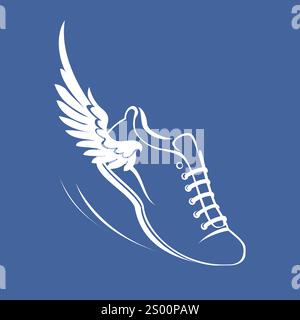 Chaussures de sport pour la course à pied, chaussure de course à pied avec une aile. Illustration vectorielle moderne graphique. Symbole blanc sur fond bleu. Illustration de Vecteur