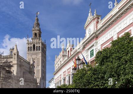 Séville, Espagne-13 février 2024 ; vue en angle bas du clocher Giralda de la cathédrale de Séville avec quelques bâtiments historiques sur la Plaza del Triunfo agai Banque D'Images