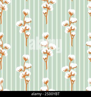 Branche dessinée à la main de plante de fleur de coton sur motif sans couture vert rayé Illustration de Vecteur