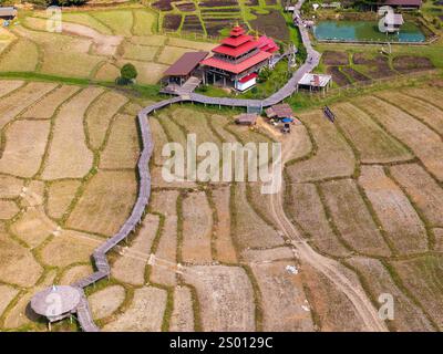 Vue aérienne du pont Kho Ku So Bamboo et des rizières dans le nord de la Thaïlande près de Pai Banque D'Images