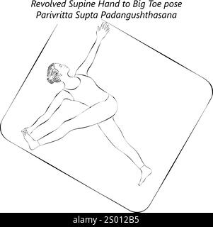 Croquis d'une jeune femme pratiquant la posture de yoga Parivritta Supta Padangushthasana. Rotation de la main couchée en décubitus dorsal vers la posture du gros orteil. Illustration vectorielle isolée. Illustration de Vecteur