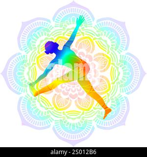 Silhouette colorée de femme pratiquant la posture de yoga Parivritta Supta Padangushthasana. Rotation de la main couchée en décubitus dorsal vers la posture du gros orteil. Illustration vectorielle isolée Illustration de Vecteur