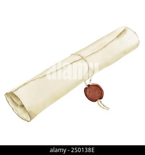 Rouleau de vieux papier parchemin, attaché avec de la ficelle et scellé avec un sceau de cire. Illustration numérique aquarelle. Papier vintage, roulé dans un tube, avec déchiré Banque D'Images