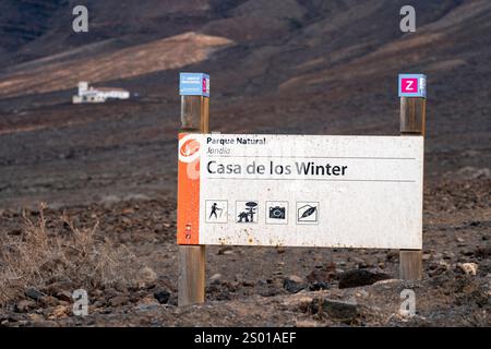 Panneau indiquant Casa de los Winter à Cofete, Jandia, Fuerteventura, Îles Canaries Banque D'Images