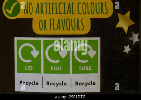 Informations sur le recyclage sur les emballages alimentaires sur le bac de Jacobs Twiglets - élimination recyclage recyclage symboles de symbole de logo de recyclage Banque D'Images