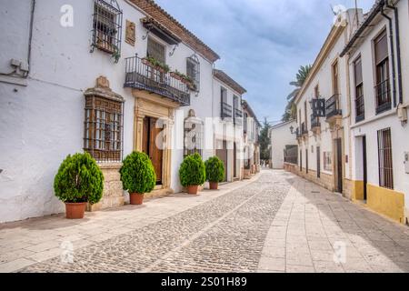 De vieux bâtiments bordent la rue pavée du village de Ronda, en Espagne Banque D'Images