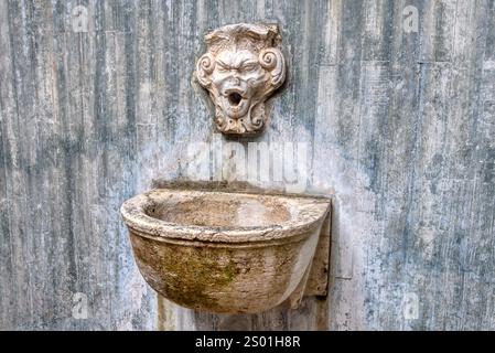 De vieux lions romains historiques dirigent une fontaine d'eau dans la ville historique de Lisbonne, au Portugal Banque D'Images