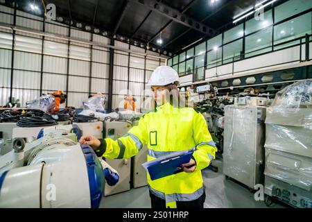 Une femme ingénieur portant un casque de sécurité et une veste de sécurité brillante examine les machines dans une usine de fabrication. L'environnement est bien éclairé, mettant en vedette adv Banque D'Images