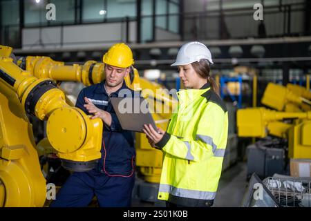 Deux ingénieurs en équipement de sécurité évaluent les bras robotisés dans une usine de fabrication, collaborant avec un ordinateur portable pour optimiser les opérations et améliorer la productivité Banque D'Images