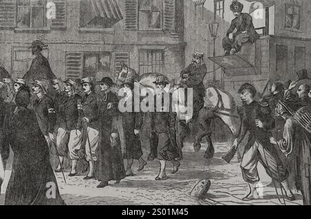Guerre franco-prussienne (1870-1871). France. Le corps d'ambulance de presse français passant par Reims. Gravure. Historia de la Guerra de Francia y Prusia (histoire de la guerre entre la France et la Prusse). Volume I. publié à Barcelone, 1870. Banque D'Images