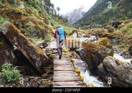 Homme avec sac à dos et bâtons de trekking traversant un pont en bois de crique de montagne pendant le trek du parc national Makalu Barun au Népal. Randonnée en montagne et actif Banque D'Images