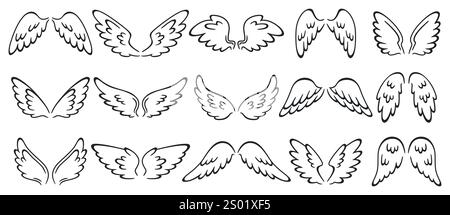 Ailes d'ange dessinées à la main. Silhouette graphique icônes saintes. Eléments volants décoratifs. Membres d'oiseau avec plumes. Lignes simples. Auréole d'innocence angélique. Illustration de Vecteur