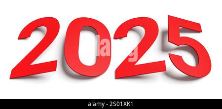 Numéro 2025 isolé sur blanc avec ombre. Concepts de vacances en couleur rouge Banque D'Images