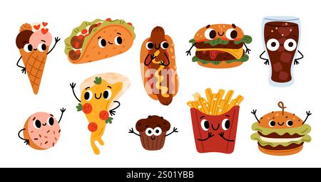 Personnages drôles de restauration rapide. Repas de rue mignon de dessin animé avec des visages souriants. Pizza et hamburger. Collations de junk. Joyeux tacos. Beignet sucré. Mascotte Hamburger. FR Illustration de Vecteur